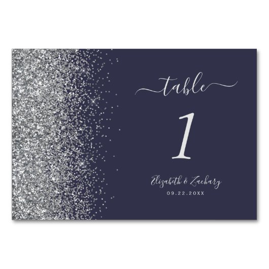 Moderne dunkelblaue Silber Glitzer Edge Wedding Tischnummer (Vorderseite)