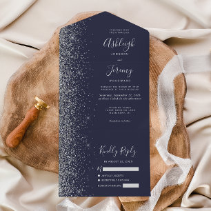 Moderne dunkelblaue silberne Glitter-Hochzeit All In One Einladung