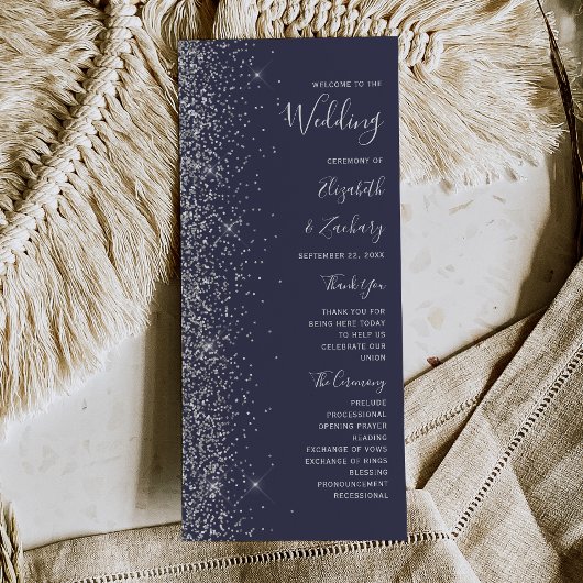 Moderne dunkelblaue silberne Glitter-Hochzeit Programm