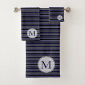 Moderne dunkelblaue Streifen Mit Monogramm Badhandtuch Set (Insitu)