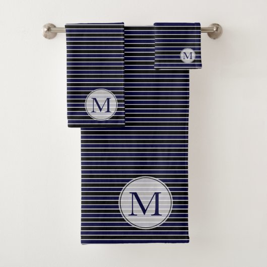 Moderne dunkelblaue Streifen Mit Monogramm Badhandtuch Set (Insitu)