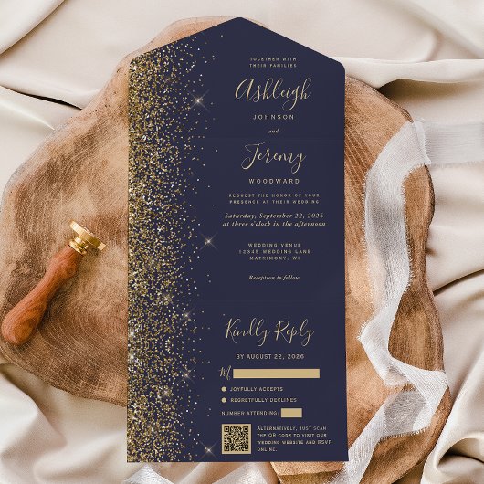 Moderne Dunkelblauer Glitzer QR Code Hochzeit All In One Einladung