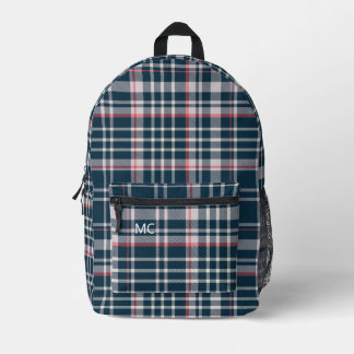 Moderne Dunkelblauer Karo Karierte Monogramm-Initi Bedruckter Rucksack