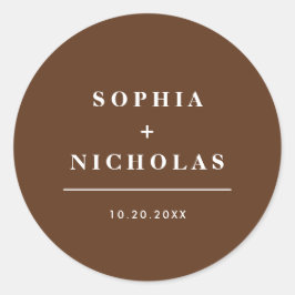 Moderne Dunkelbraun Minimal Hochzeit Runder Aufkleber
