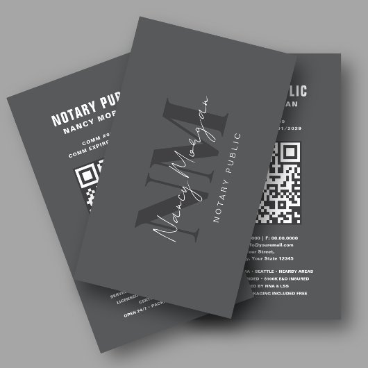 Moderne dunkelgraue Monogramm-Notar-QR-Code Visitenkarte