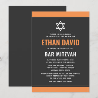 Moderne dunkelgraue Orangengrenzen Bar mitzvah Einladung
