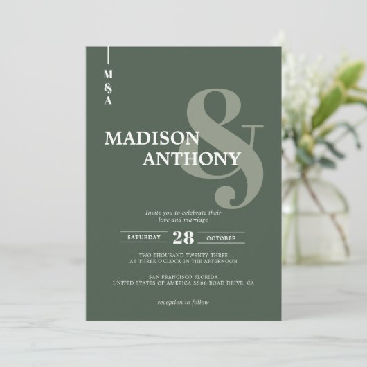 Moderne, dunkelgrüne Ampere und Skript-Foto Hochze Einladung (Stehend Vorderseite)