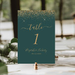 Moderne Dunkelgrüne Glitzer Edge Wedding Tischnummer<br><div class="desc">Die elegante,  moderne Tischnummer besticht durch ihr Design im Glitzer mit vergoldeten Imitaten. Der anpassbare Text kombiniert goldfarbene Handschrift,  Copperplate und kursivem Schriftart auf einem dunkelgrünen Hintergrund.</div>