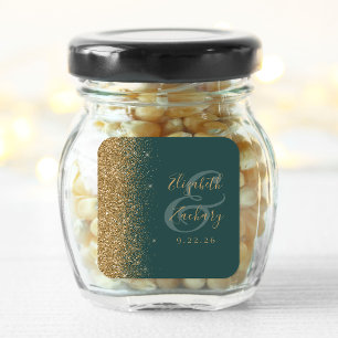 Moderne dunkelgrüne goldene Glitter-Ecken-Hochzeit Quadratischer Aufkleber