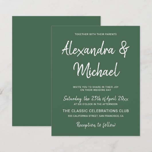 Moderne, dunkelgrüne Hochzeitseinladung (Vorne/Hinten)