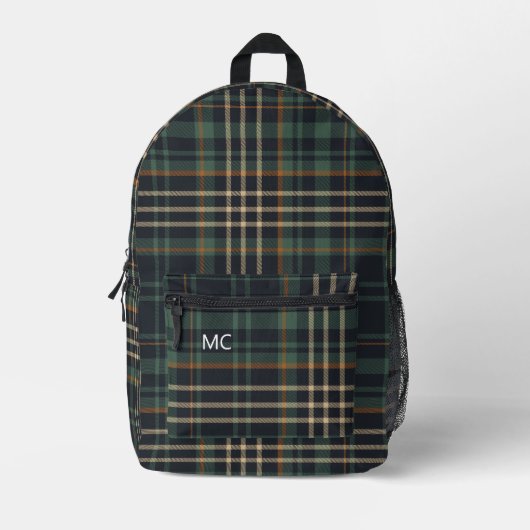 Moderne dunkelgrüne Karo Karierte Monogramm-Initia Bedruckter Rucksack (Vorderseite)