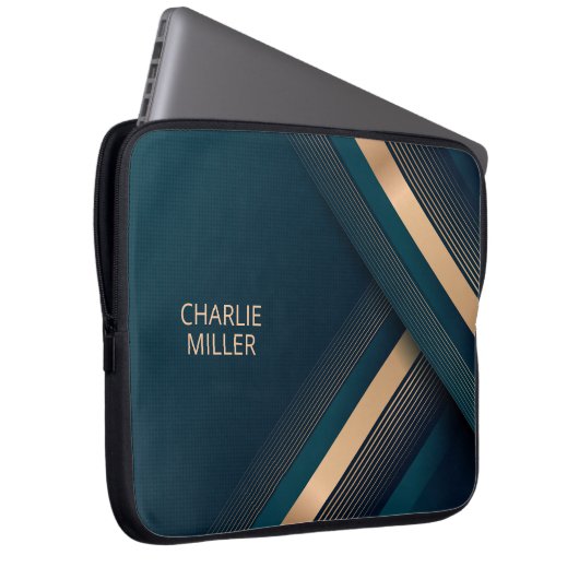 Moderne dunkelgrüne Linien - Hintergrund und Indiv Laptopschutzhülle (Vorne Rechts)