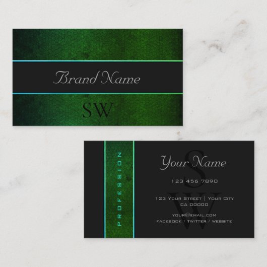 Moderne dunkelgrüne Muster Grau Schwarz Monogramm Visitenkarte (Vorne/Hinten)