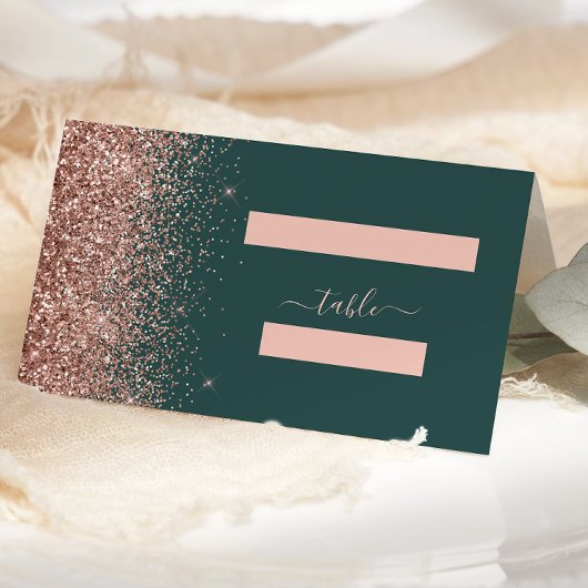 Moderne Dunkelgrüne Rose Gold Glitzer Edge Wedding Platzkarte