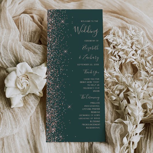 Moderne Dunkelgrüne Rosen-Gold Glitter-Hochzeit Programm