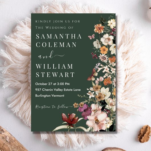 Moderne dunkelgrüne Rustikale Boho Wildblume Hochz Einladung