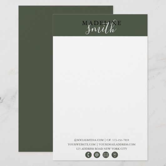 Moderne dunkelgrüne Schrift Briefpapier (Vorne/Hinten)