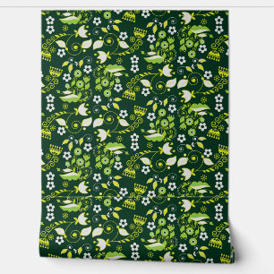 Moderne dunkelgrüne skandinavische Blumenmuster Tapete