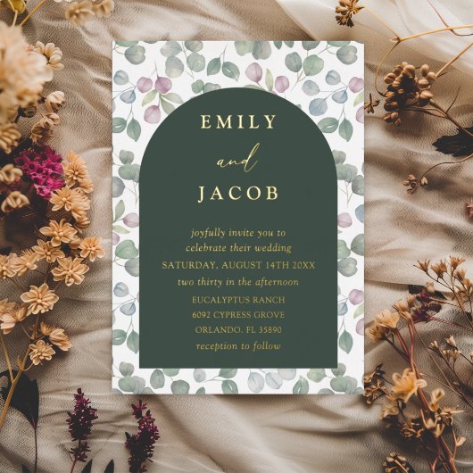 Moderne dunkelgrüne und goldene Eukalyptus-Hochzei Folieneinladung