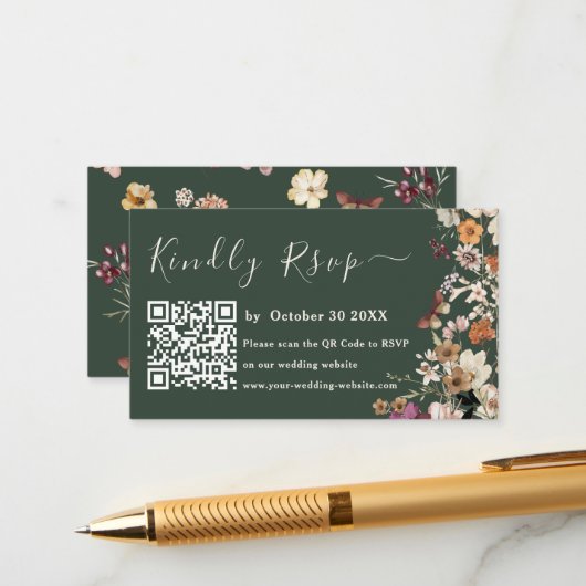 Moderne dunkelgrüne Wildblume Qr Code UAwg Wedding Begleitkarte (Vorderseite/Rückseite Beispiel)