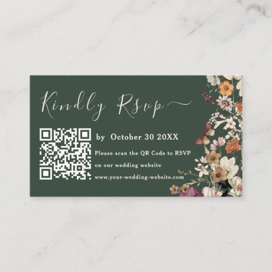 Moderne dunkelgrüne Wildblume Qr Code UAwg Wedding Begleitkarte (Vorderseite)
