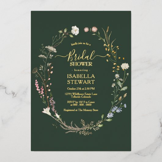 Moderne dunkelgrüne Wildblume Rustikales Brautpart Folieneinladung (Vorderseite)