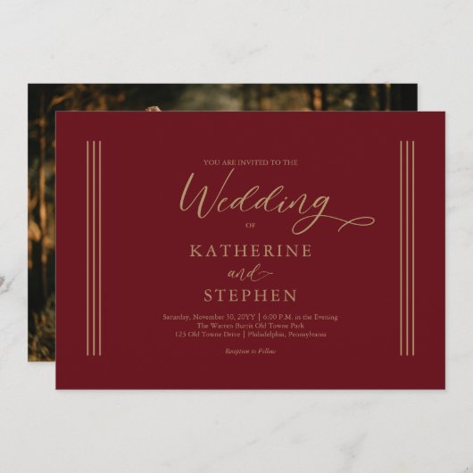 Moderne dunkelrote Minimalistische Hochzeitseinlad Einladung (Vorne/Hinten)