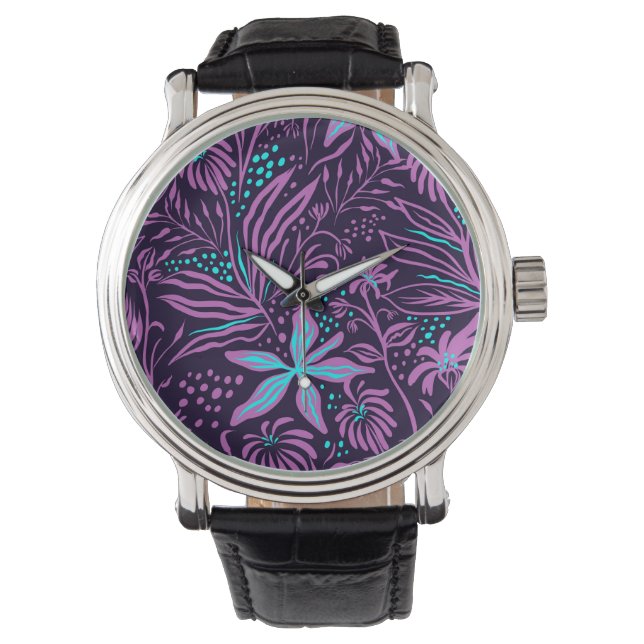 Moderne dunkelviolette Blumengestaltung Armbanduhr (Vorderseite)