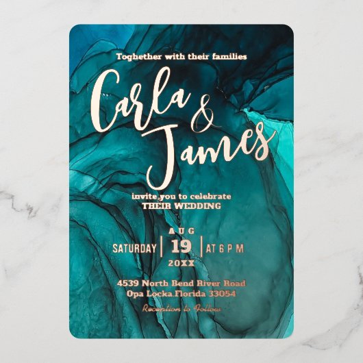 Moderne Dunkle Aquamarine Aquarellfeier Folieneinladung (Vorderseite)