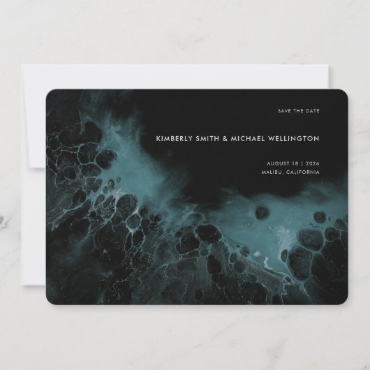 Moderne dunkle Aquamarine Schwarz-Moody-Fluid-Art Save The Date (Vorderseite)