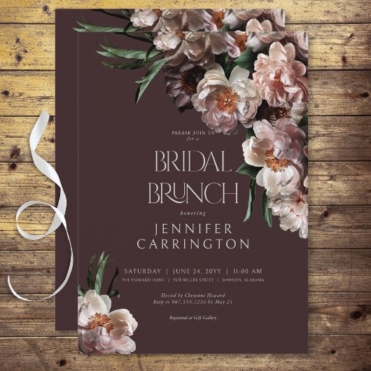 Moderne dunkle Blume blüht Burgund Bridal Brunch Einladung