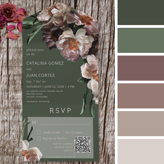 Moderne dunkle Blume blüht grüner QR-Code All In One Einladung