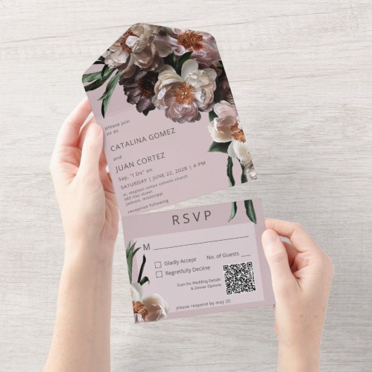 Moderne dunkle Blume blüht sanft rosa QR-Code All In One Einladung (Abreißen)