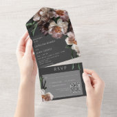 Moderne dunkle Blume blüht schwarzen QR-Code All In One Einladung (Abreißen)