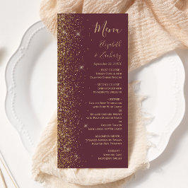 Moderne Dunkle Burgund Gold Glitzer Edge Wedding Menükarte
