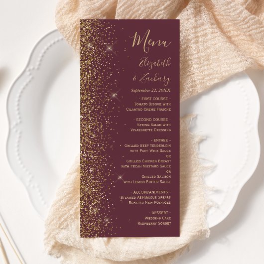 Moderne Dunkle Burgund Gold Glitzer Edge Wedding Menükarte