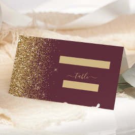 Moderne Dunkle Burgund Gold Glitzer Edge Wedding Platzkarte