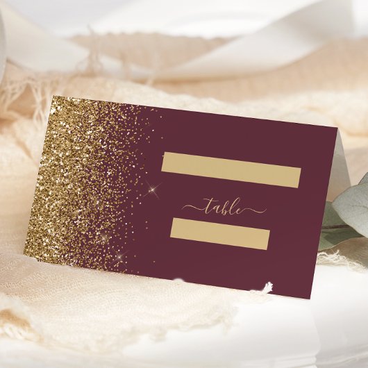 Moderne Dunkle Burgund Gold Glitzer Edge Wedding Platzkarte