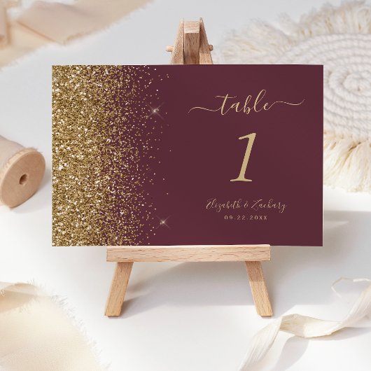 Moderne Dunkle Burgund Gold Glitzer Edge Wedding Tischnummer