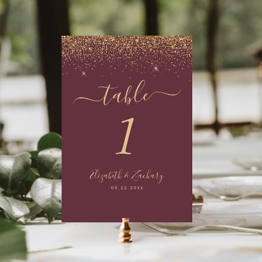 Moderne Dunkle Burgund Gold Glitzer Edge Wedding Tischnummer