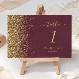 Moderne Dunkle Burgund Gold Glitzer Edge Wedding Tischnummer