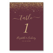Moderne Dunkle Burgund Gold Glitzer Edge Wedding Tischnummer (Rückseite)