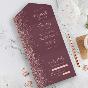Moderne Dunkle Burgund Rose Gold Glitzer Hochzeit All In One Einladung
