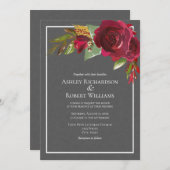 Moderne dunkle graue Linen Burgundy Blumenhochzeit Einladung (Vorne/Hinten)