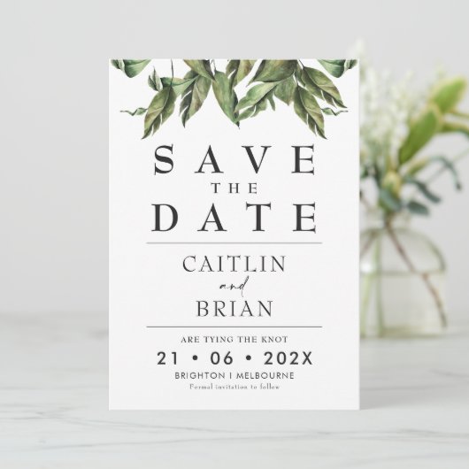 Moderne, dunkle Grünpflanzen verkürzen das Datum Einladung (Stehend Vorderseite)