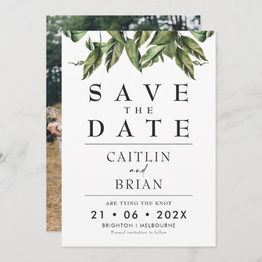 Moderne, dunkle Grünpflanzen verkürzen das Datum Einladung (Vorne/Hinten)