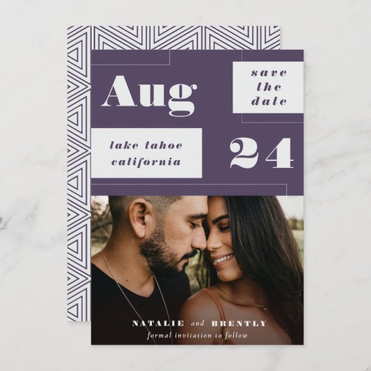 Moderne dunkle Lila Geometrien mit fett formatiert Save The Date (Vorne/Hinten)