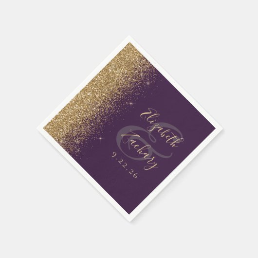 Moderne Dunkle Lila Glitzer Hochzeit Serviette (Ecke)