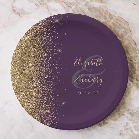 Moderne Dunkle Lila Gold Glitzer Edge Wedding Pappteller