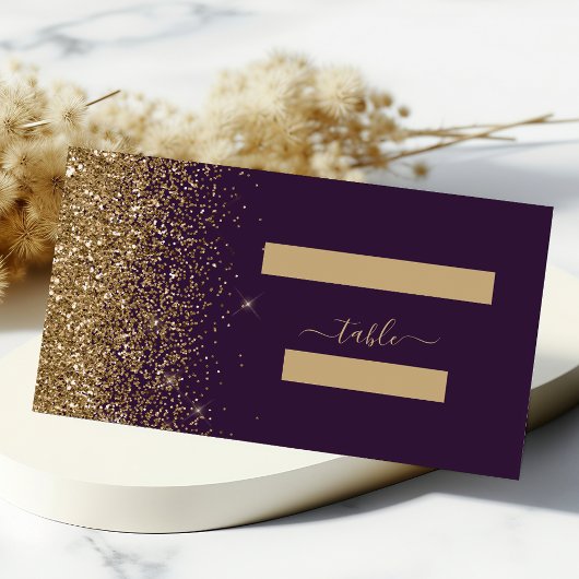 Moderne Dunkle Lila Gold Glitzer Edge Wedding Platzkarte